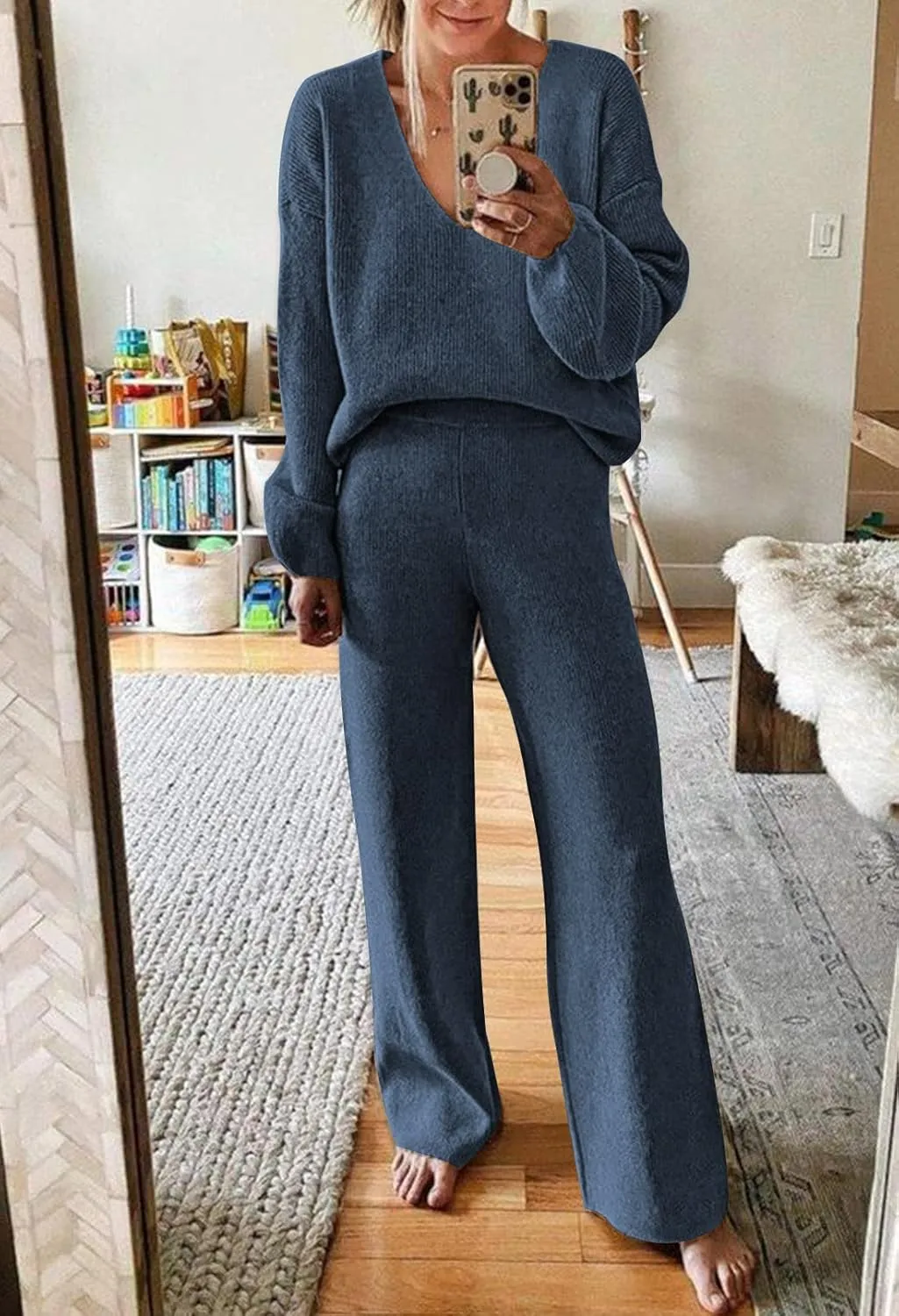 Viottiset Women's 2 Piece Outfits Casual V Neck Knit Wide Leg Sweater Lounge Set Sweatsuit