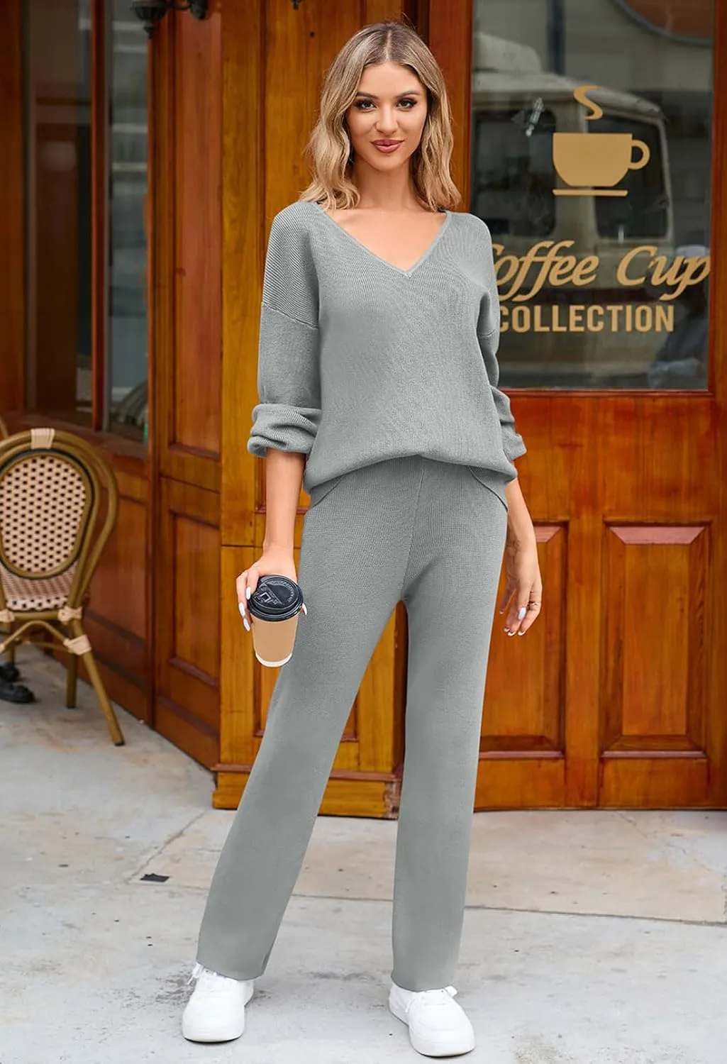 Viottiset Women's 2 Piece Outfits Casual V Neck Knit Wide Leg Sweater Lounge Set Sweatsuit