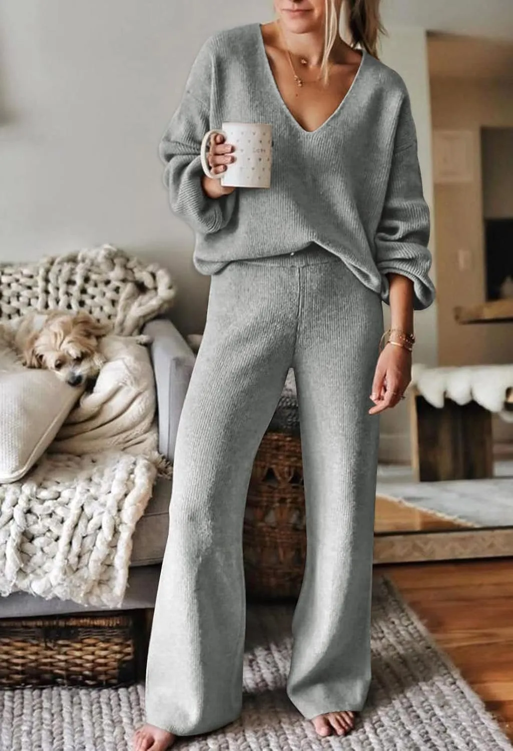 Viottiset Women's 2 Piece Outfits Casual V Neck Knit Wide Leg Sweater Lounge Set Sweatsuit