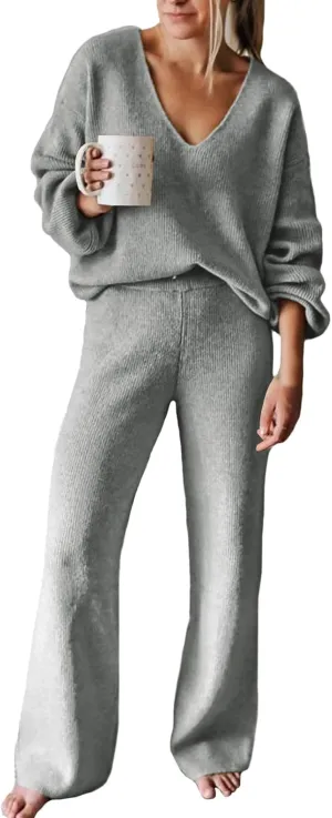 Viottiset Women's 2 Piece Outfits Casual V Neck Knit Wide Leg Sweater Lounge Set Sweatsuit