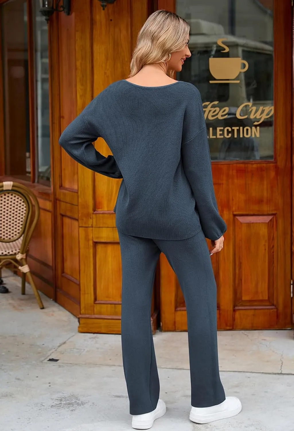 Viottiset Women's 2 Piece Outfits Casual V Neck Knit Wide Leg Sweater Lounge Set Sweatsuit