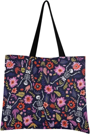 visesunny Women Extra Large Tote Bag Dancing Skeletons The Floral Garden Shoulder Bags Ladies Beach Travel Reusable Grocery Shopping Portable Storage Handbag