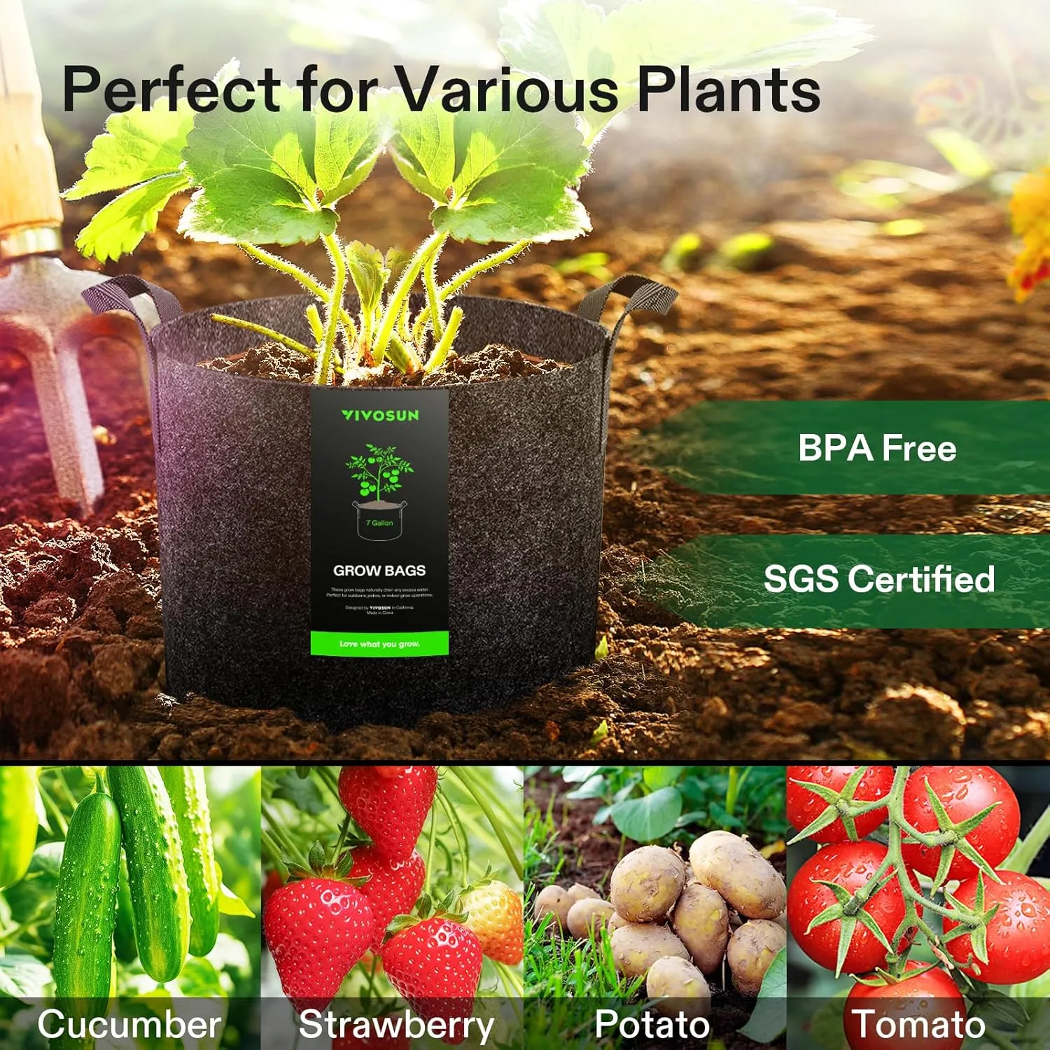 VIVOSUN 20-Pack 7 Gallon Grow Bags, Heavy Duty Thickened Nonwoven Fabric Pots with Handles for Flowers Fruits and Vegetables Black