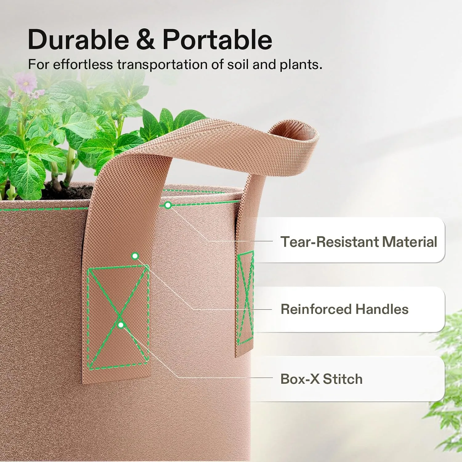VIVOSUN 5-Pack 25 Gallons Grow Bags Heavy Duty Thickened Nonwoven Fabric Pots with Strap Handles Tan