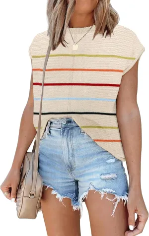 Waffle Knit Sweater Shirts for Women Cap Sleeve Summer Tops Basic Tank Tops