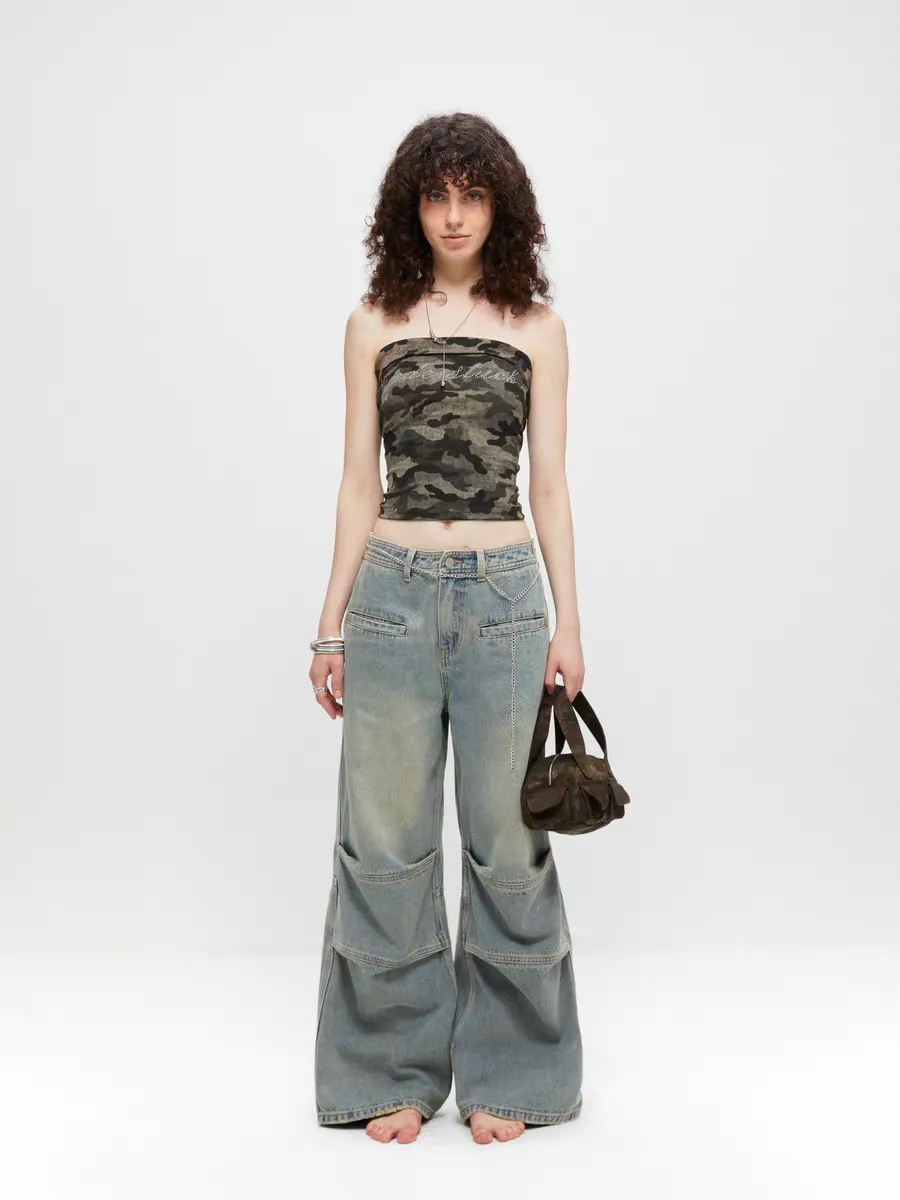Washed Panel Patchwork Wide-Leg Jeans