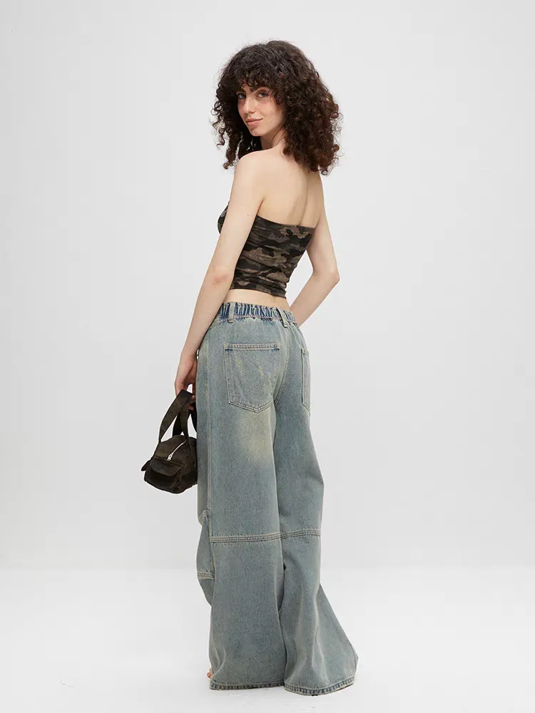 Washed Panel Patchwork Wide-Leg Jeans