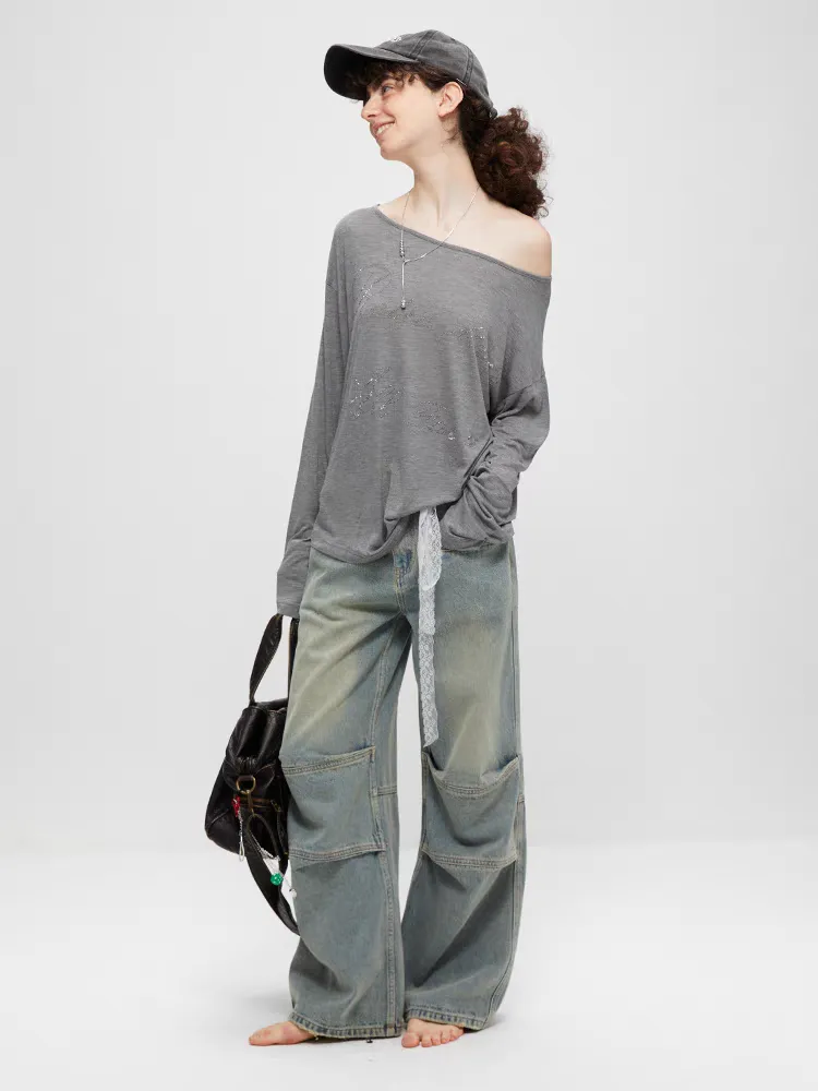 Washed Panel Patchwork Wide-Leg Jeans