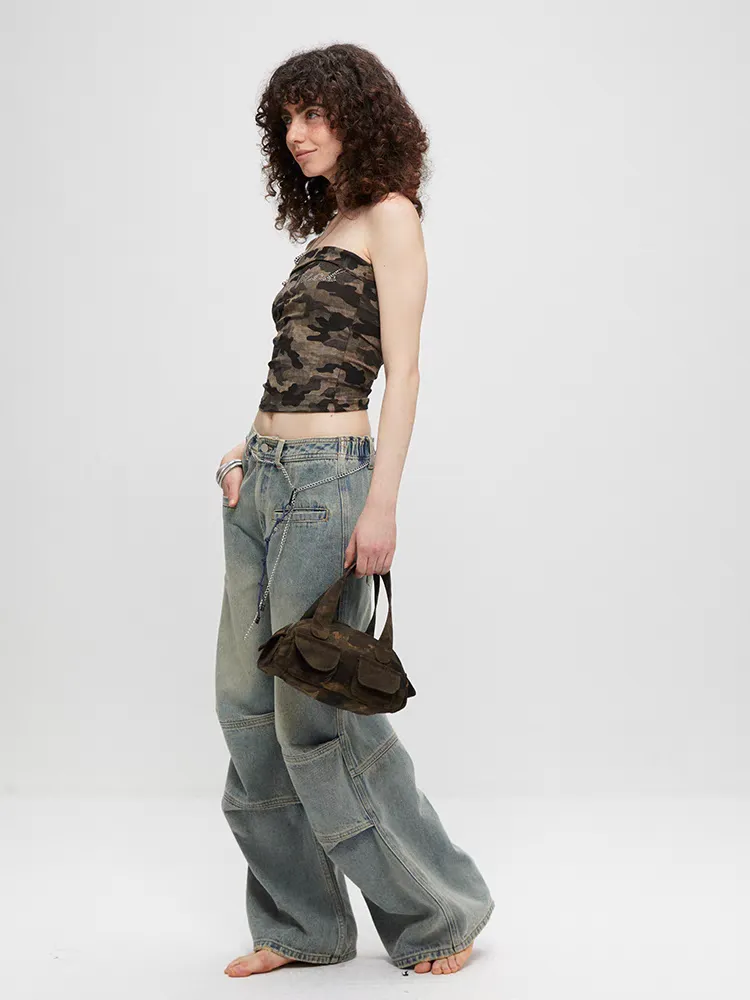 Washed Panel Patchwork Wide-Leg Jeans