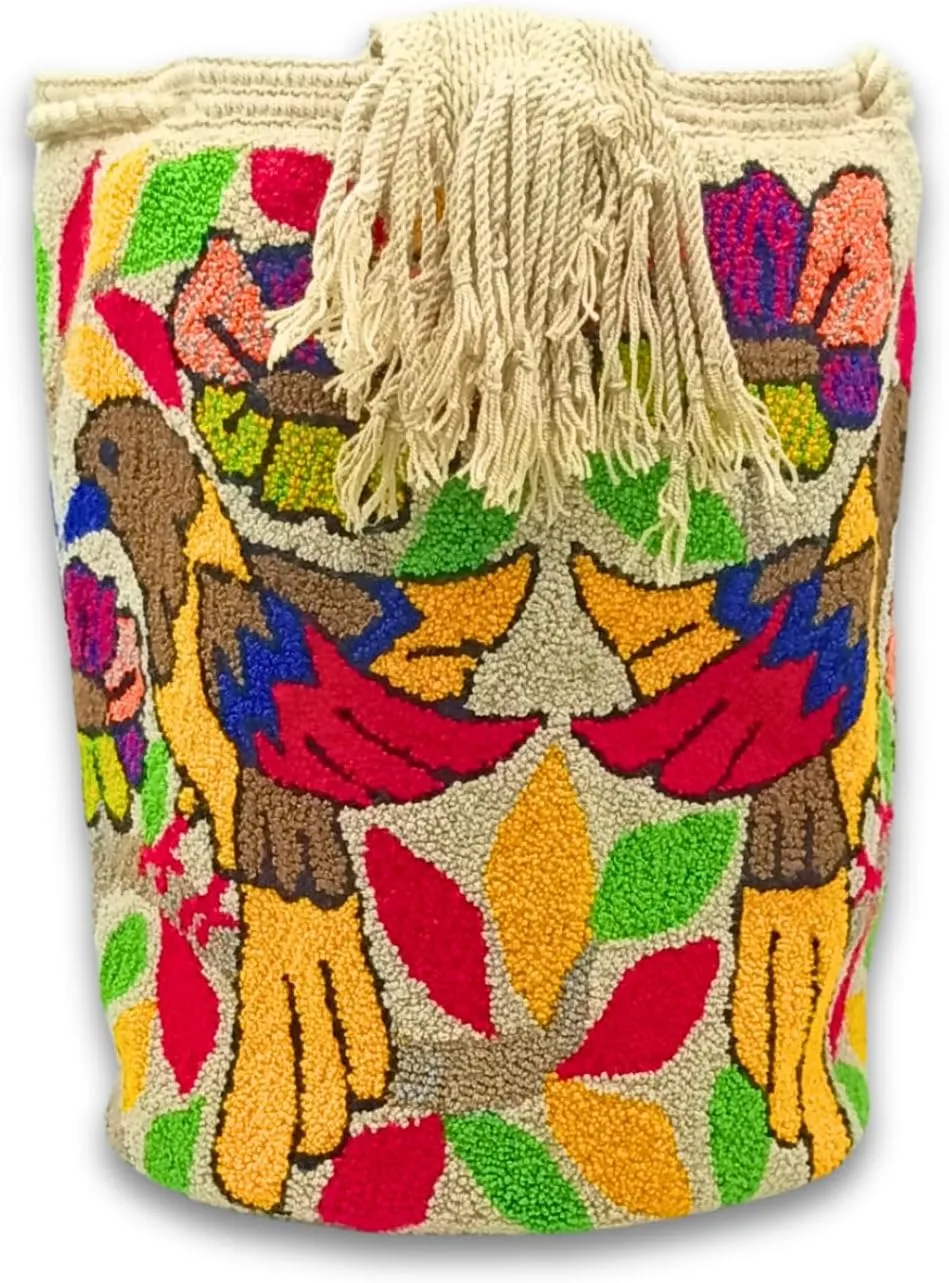Wayuu Bag | Mochila Wayuu from Colombia | Large Tapizada | Evil Lucky Awaken | Lined Punch Needle Crossbody Shoulder Bag (Hummingbirds)