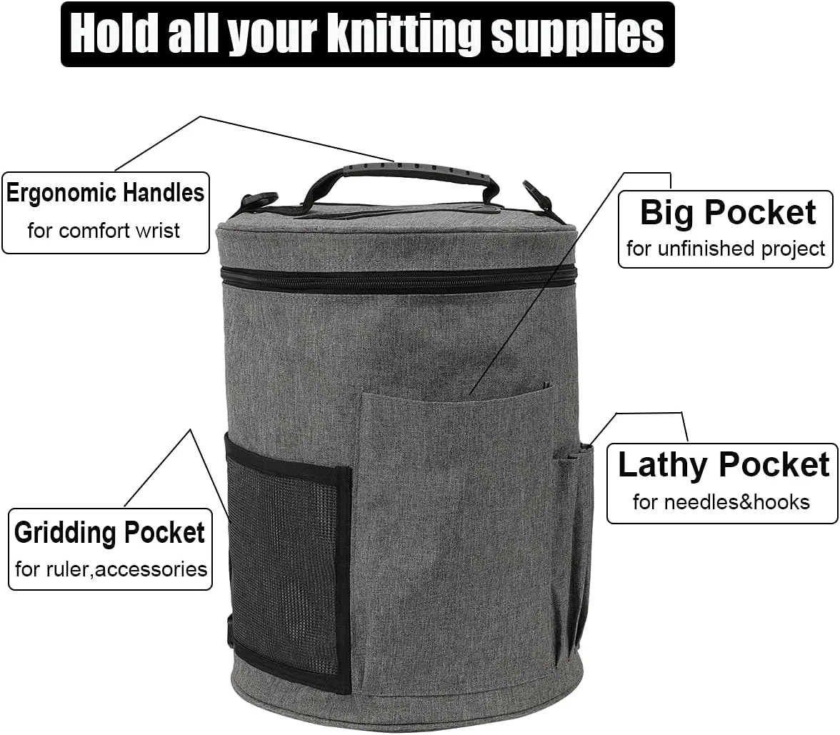 Weabetfu Large Capacity Portable Yarn Organizer Knitting Tote Storage Bag with Shoulder Strap Yarn Bags Have Pocket for Crochet Hooks,Knitting Needles & Accessories,Prevent Yarn Tangle(Grey)