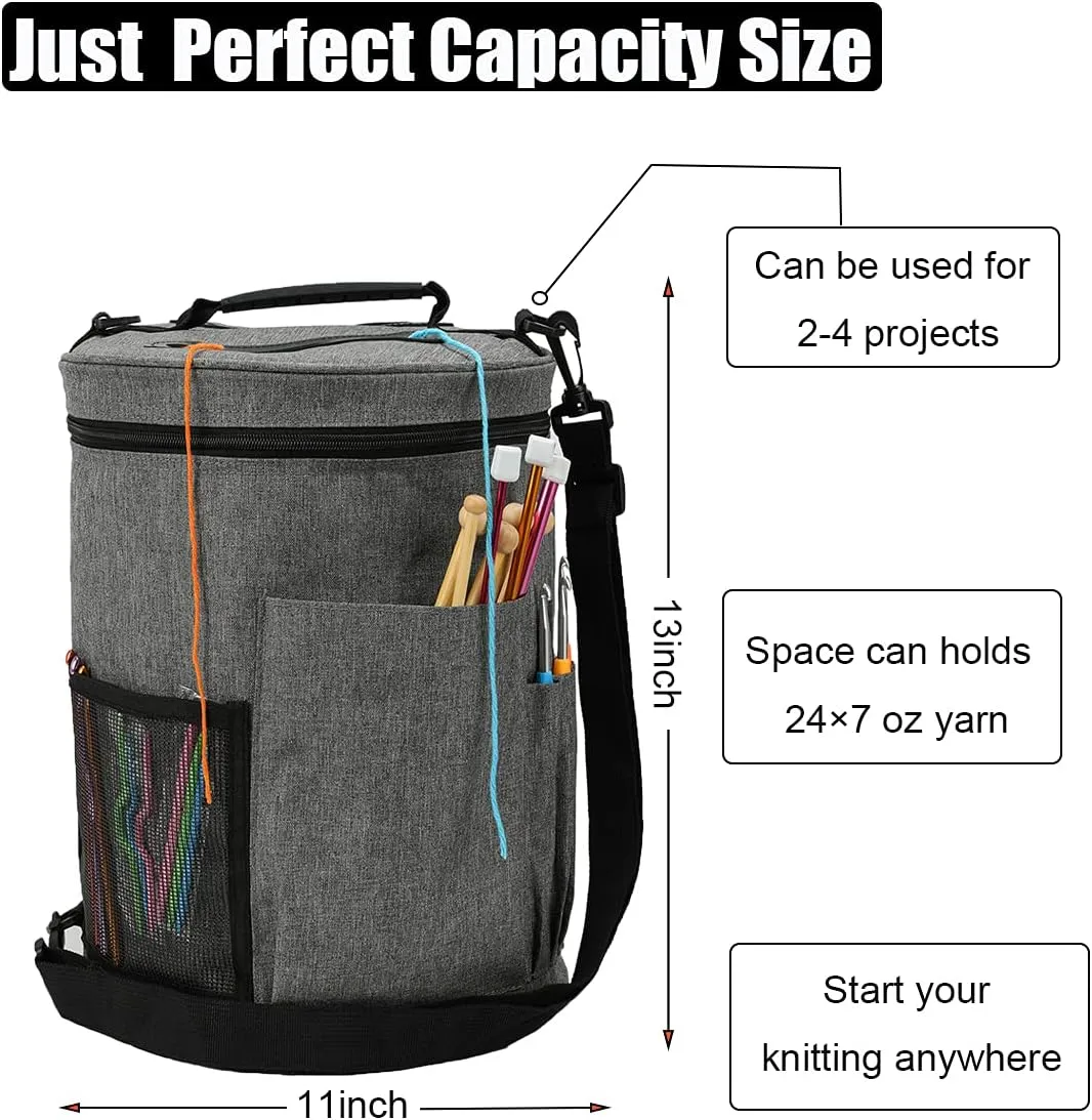 Weabetfu Large Capacity Portable Yarn Organizer Knitting Tote Storage Bag with Shoulder Strap Yarn Bags Have Pocket for Crochet Hooks,Knitting Needles & Accessories,Prevent Yarn Tangle(Grey)