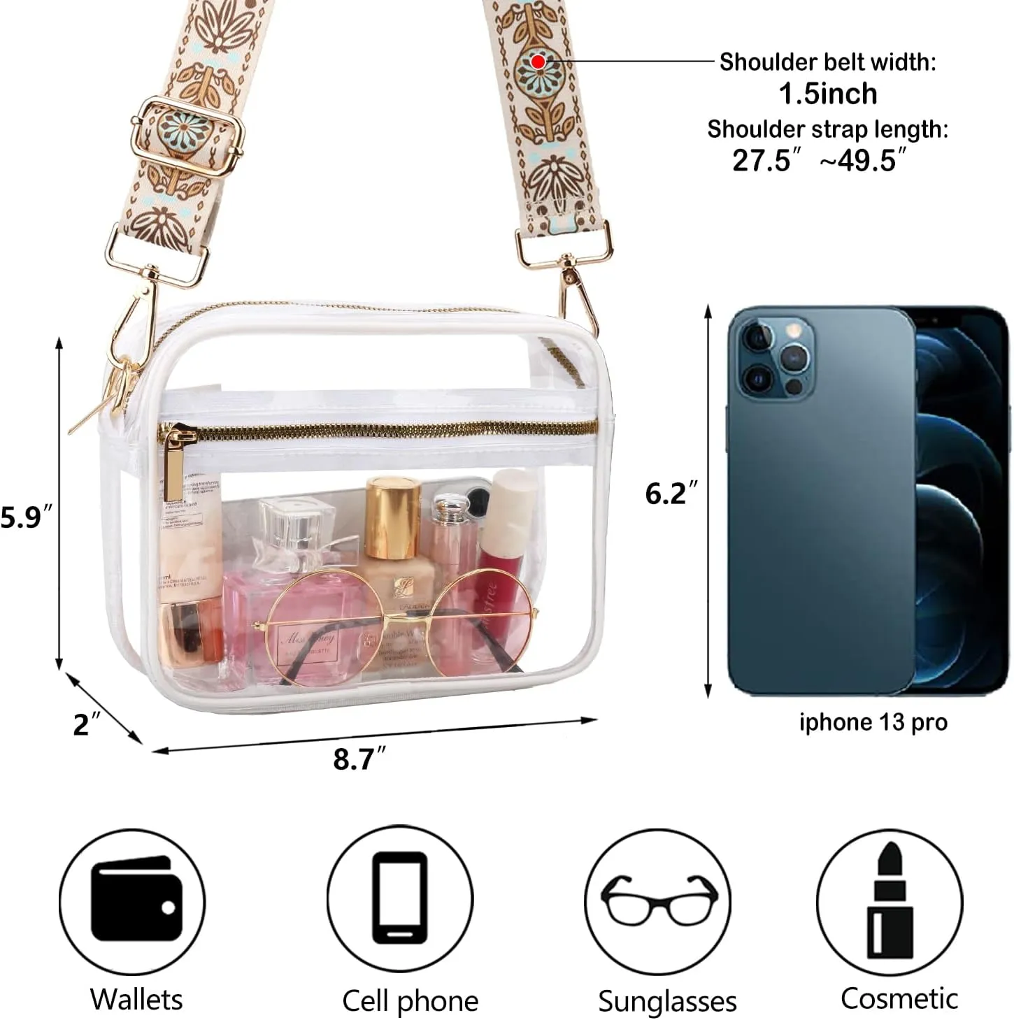 WEDDINGHELPER Clear Crossbody Bag, Clear Bag Stadium Approved Clear Purse with Adjustable Strap for Sports Concerts Festivals