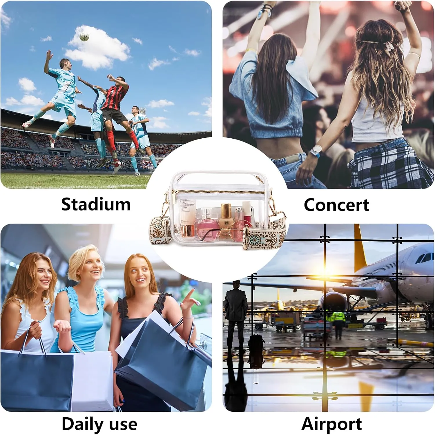 WEDDINGHELPER Clear Crossbody Bag, Clear Bag Stadium Approved Clear Purse with Adjustable Strap for Sports Concerts Festivals