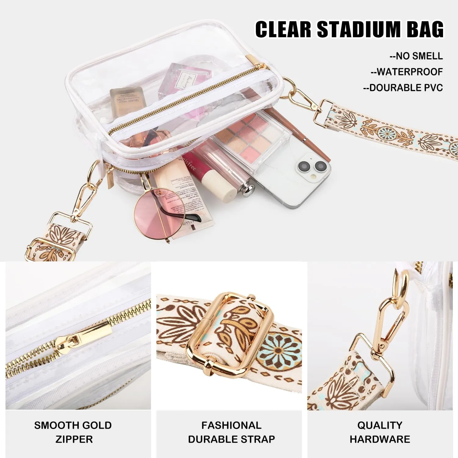 WEDDINGHELPER Clear Crossbody Bag, Clear Bag Stadium Approved Clear Purse with Adjustable Strap for Sports Concerts Festivals