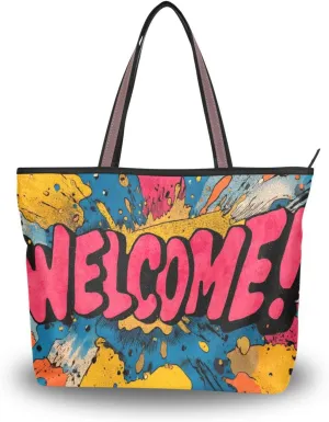 Welcome Word Women Tote Bag for Everyday & Travel, Handbag Purse Reusable Grocery Bags Large