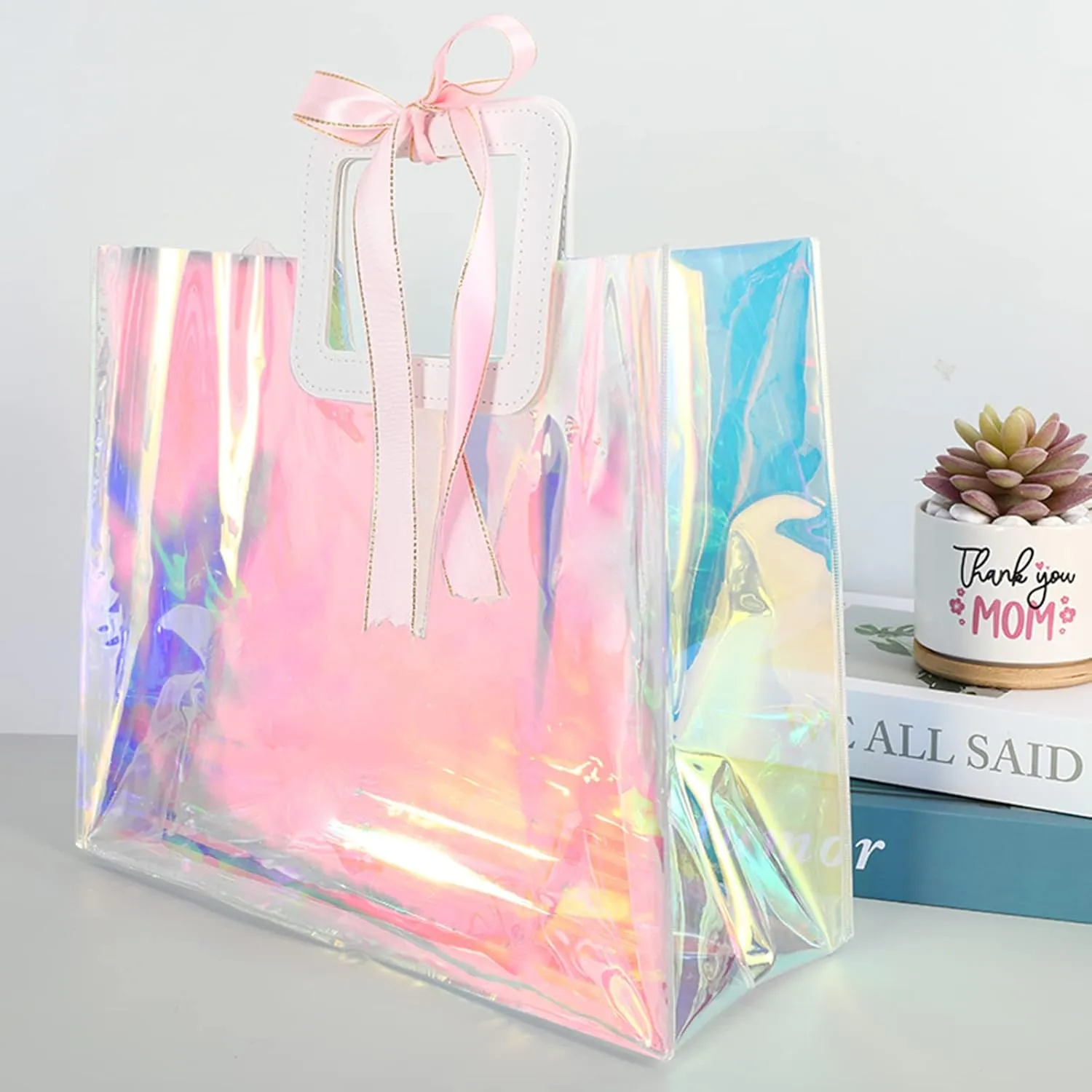 Whaline 5Pcs Large Holographic Gift Bags 12.8 x 11.6 x 5.7 Inch Iridescent Clear Reusable Tote PVC Gift Wrap Handbags Waterproof Shopping Bags for Wedding Birthday Baby Shower Party Supplies