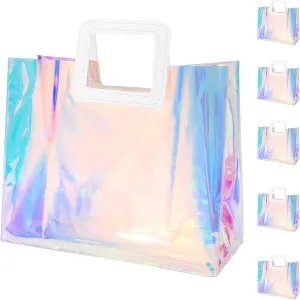 Whaline 5Pcs Large Holographic Gift Bags 12.8 x 11.6 x 5.7 Inch Iridescent Clear Reusable Tote PVC Gift Wrap Handbags Waterproof Shopping Bags for Wedding Birthday Baby Shower Party Supplies