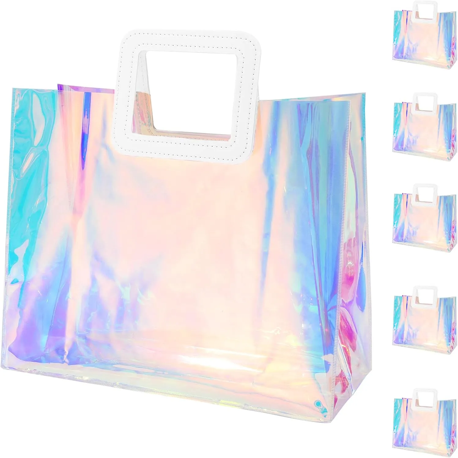 Whaline 5Pcs Large Holographic Gift Bags 12.8 x 11.6 x 5.7 Inch Iridescent Clear Reusable Tote PVC Gift Wrap Handbags Waterproof Shopping Bags for Wedding Birthday Baby Shower Party Supplies