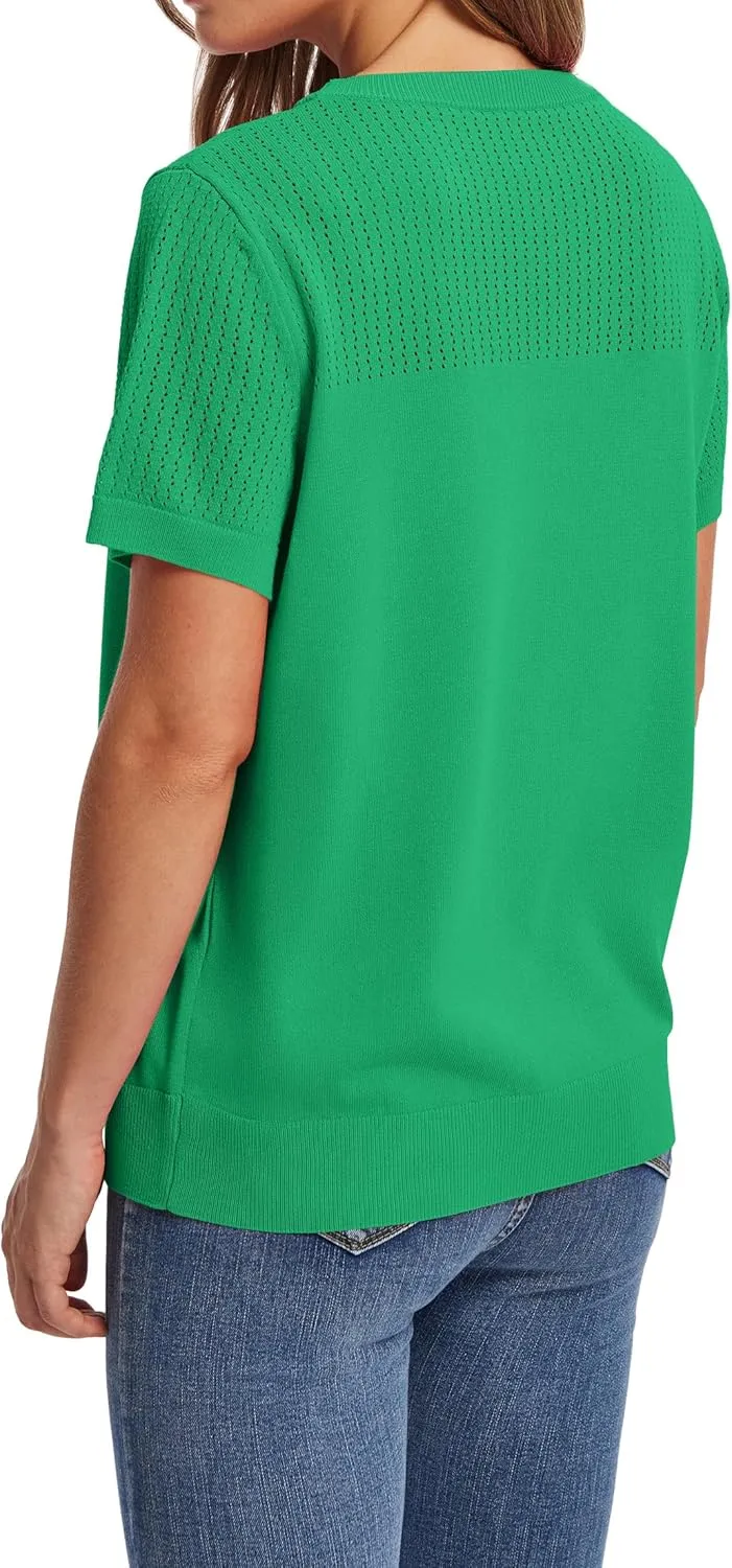 WIHOLL Women’s Short Sleeve Sweater 2025 Spring Summer Tops Pointelle Knit Business Casual Outfits Work Blouses Clothes