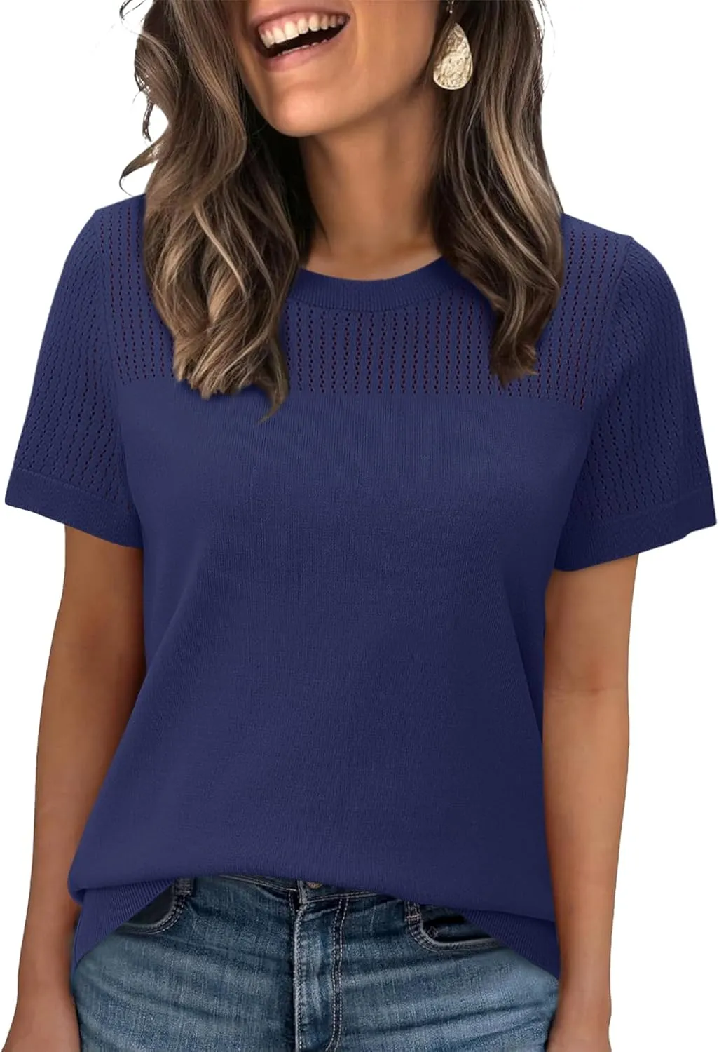 WIHOLL Women’s Short Sleeve Sweater 2025 Spring Summer Tops Pointelle Knit Business Casual Outfits Work Blouses Clothes