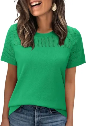 WIHOLL Women’s Short Sleeve Sweater 2025 Spring Summer Tops Pointelle Knit Business Casual Outfits Work Blouses Clothes