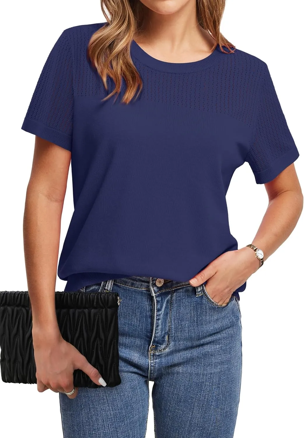 WIHOLL Women’s Short Sleeve Sweater 2025 Spring Summer Tops Pointelle Knit Business Casual Outfits Work Blouses Clothes