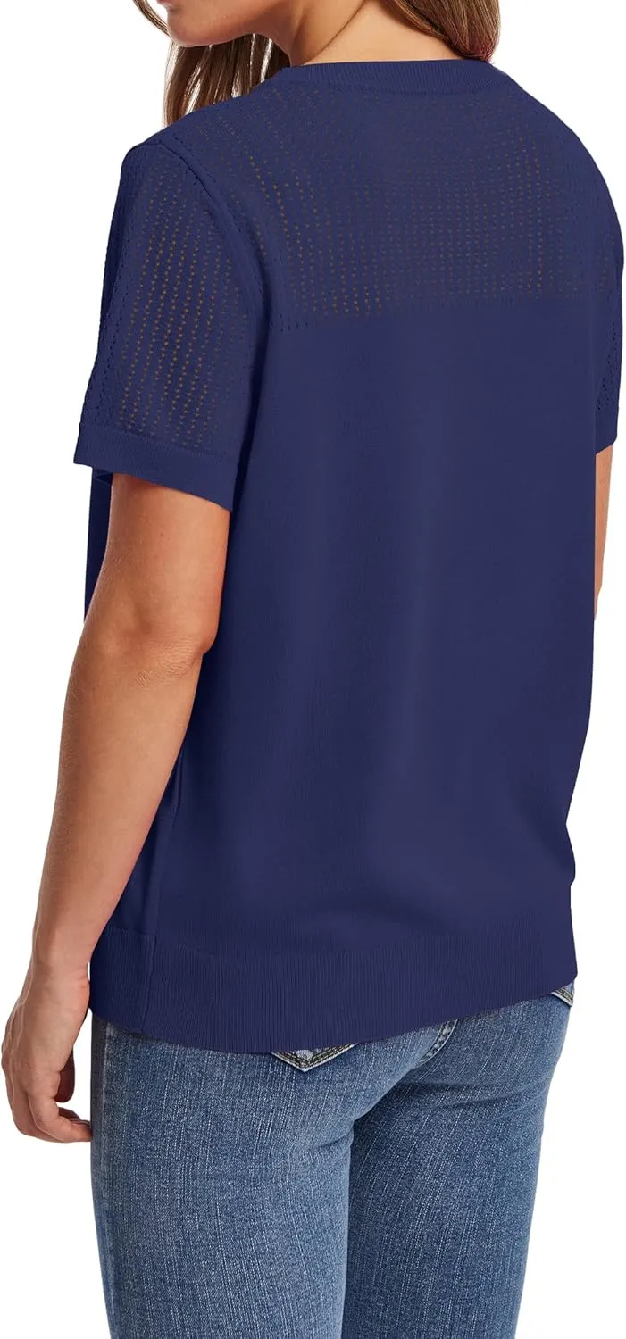 WIHOLL Women’s Short Sleeve Sweater 2025 Spring Summer Tops Pointelle Knit Business Casual Outfits Work Blouses Clothes