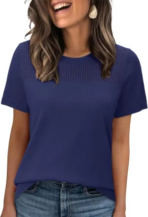 WIHOLL Women’s Short Sleeve Sweater 2025 Spring Summer Tops Pointelle Knit Business Casual Outfits Work Blouses Clothes