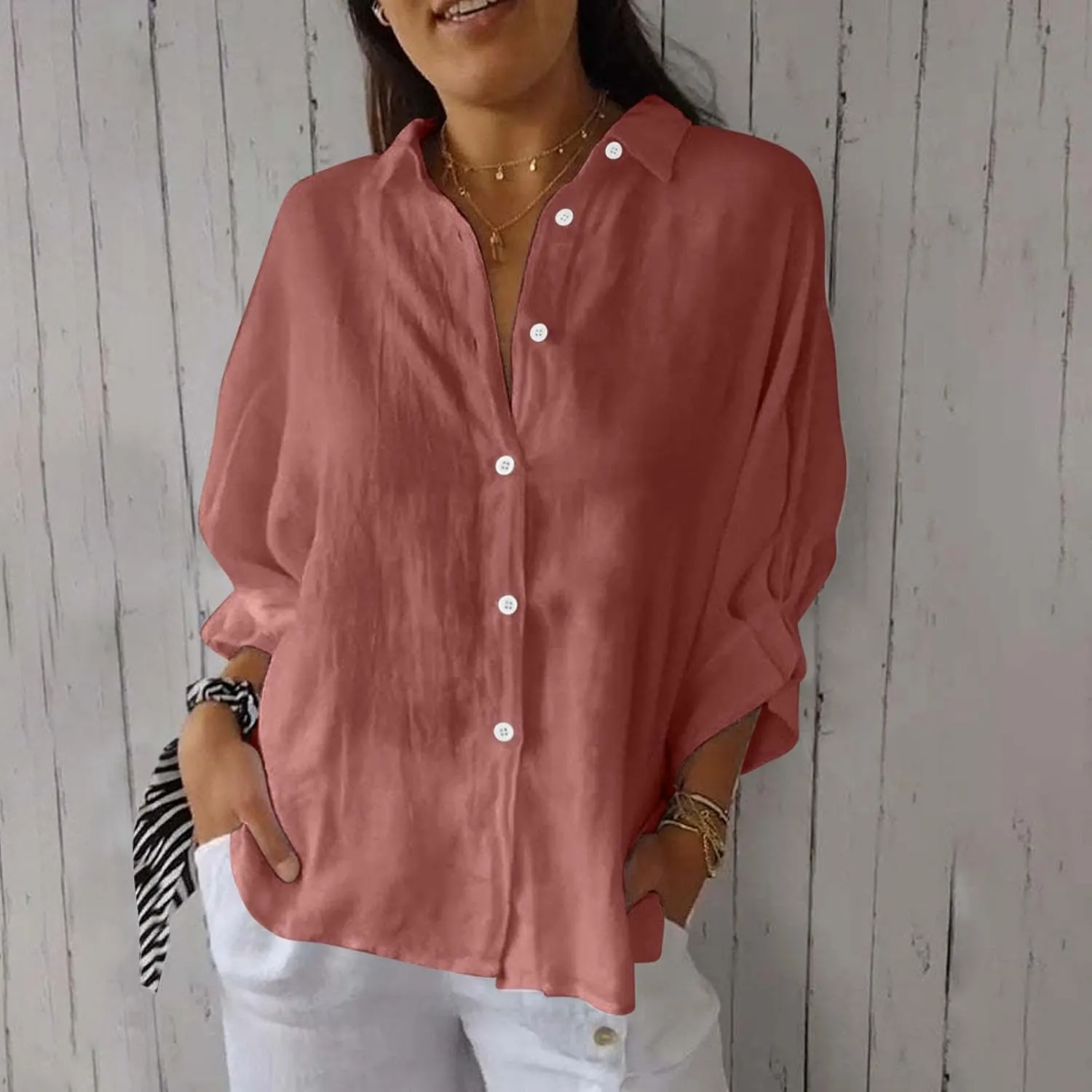 Women Button Down Shirts Cotton Linen Blouse Tops 3/4 Sleeve Gauze Collar Shirt Tunic Loose Fit Fashion Trendy Clothes