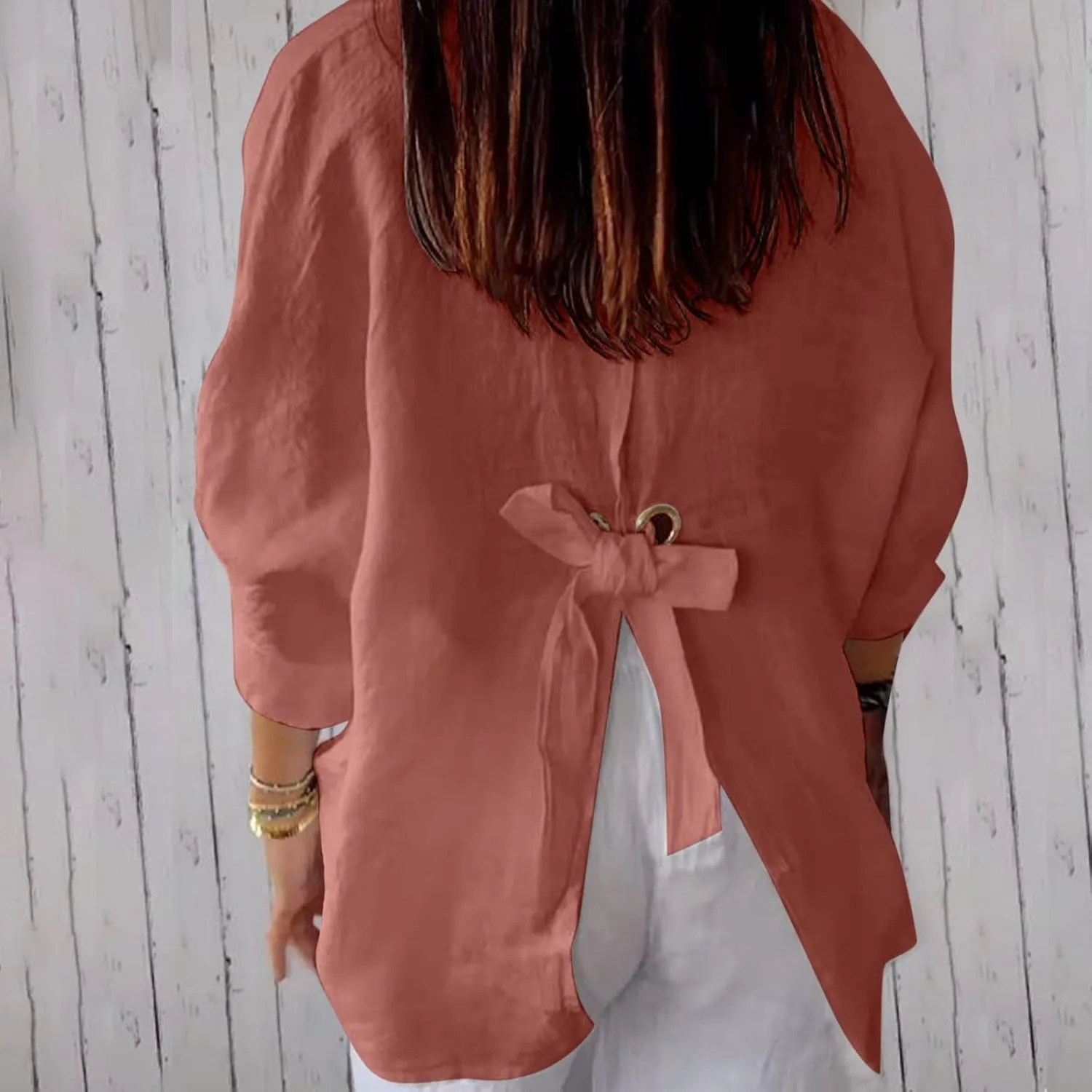 Women Button Down Shirts Cotton Linen Blouse Tops 3/4 Sleeve Gauze Collar Shirt Tunic Loose Fit Fashion Trendy Clothes