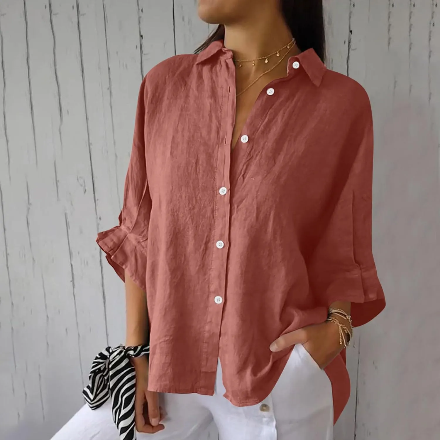 Women Button Down Shirts Cotton Linen Blouse Tops 3/4 Sleeve Gauze Collar Shirt Tunic Loose Fit Fashion Trendy Clothes