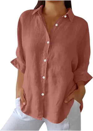 Women Button Down Shirts Cotton Linen Blouse Tops 3/4 Sleeve Gauze Collar Shirt Tunic Loose Fit Fashion Trendy Clothes