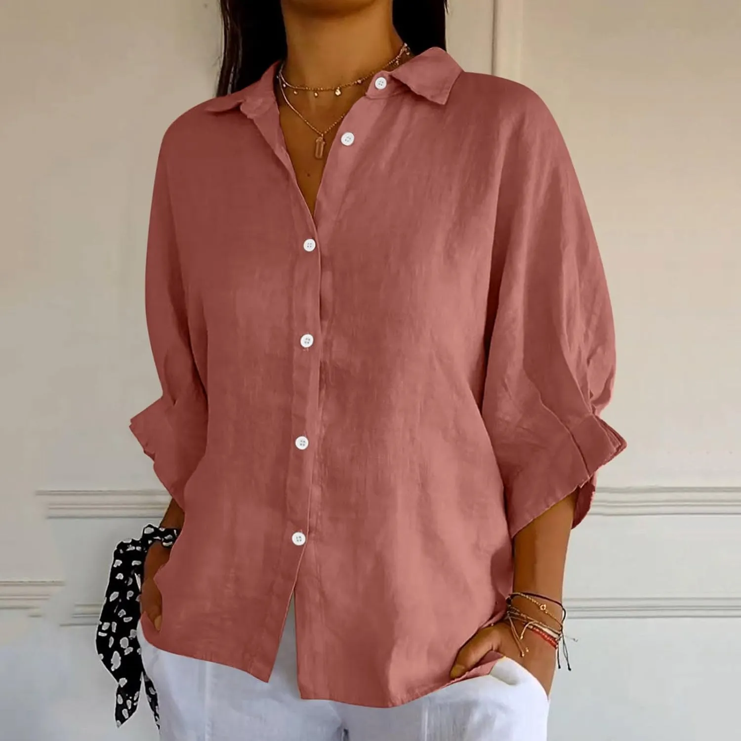 Women Button Down Shirts Cotton Linen Blouse Tops 3/4 Sleeve Gauze Collar Shirt Tunic Loose Fit Fashion Trendy Clothes