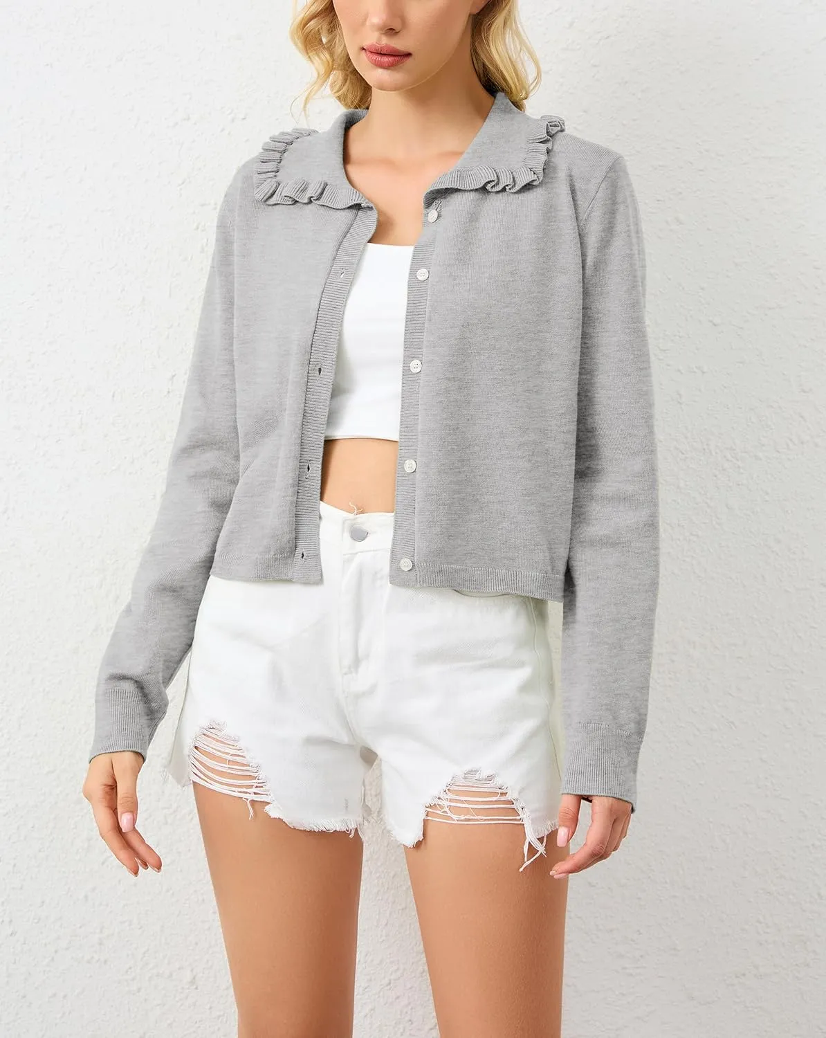 Women Button Dwon Long Sleebe Ruffle Lapel Solid Loose Sweater Cardigan Open Front Knit Cardigans Jacket