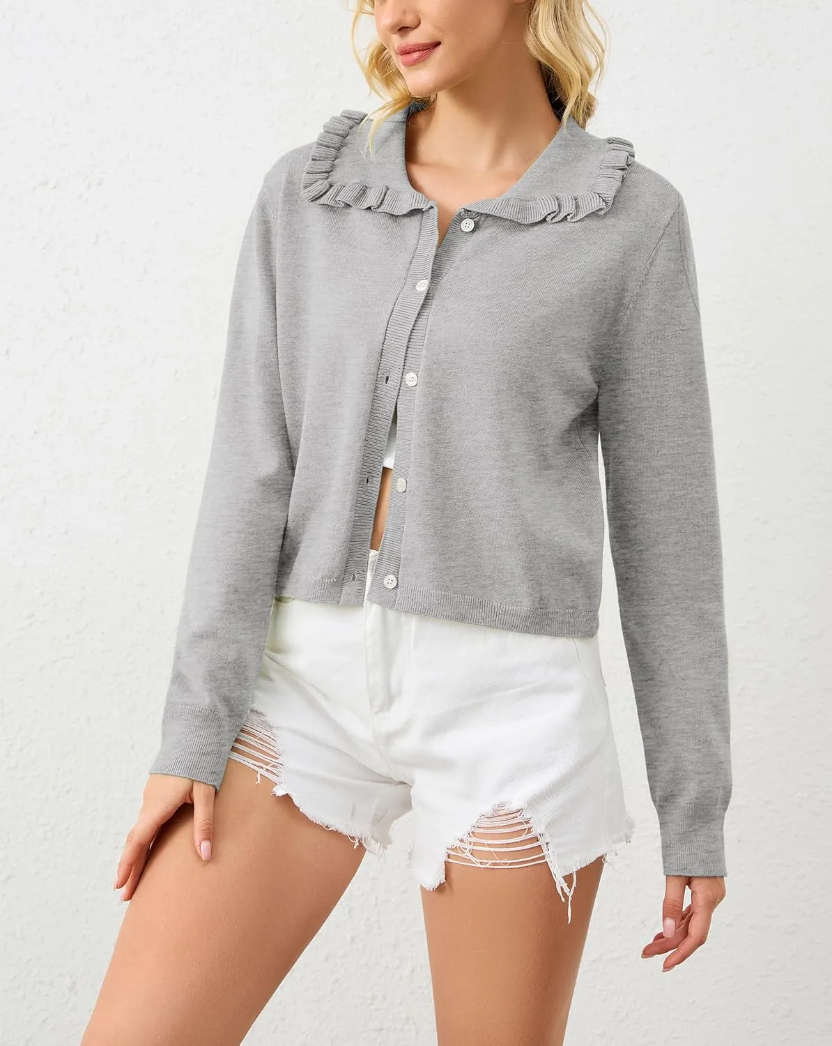 Women Button Dwon Long Sleebe Ruffle Lapel Solid Loose Sweater Cardigan Open Front Knit Cardigans Jacket