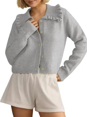 Women Button Dwon Long Sleebe Ruffle Lapel Solid Loose Sweater Cardigan Open Front Knit Cardigans Jacket