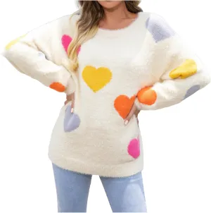 Women Crewneck Long Sleeve Sweaters Casual Loose Comfy Fuzzy Knit Chunky Warm Pullover Cute Heart Graphic Sweater Top