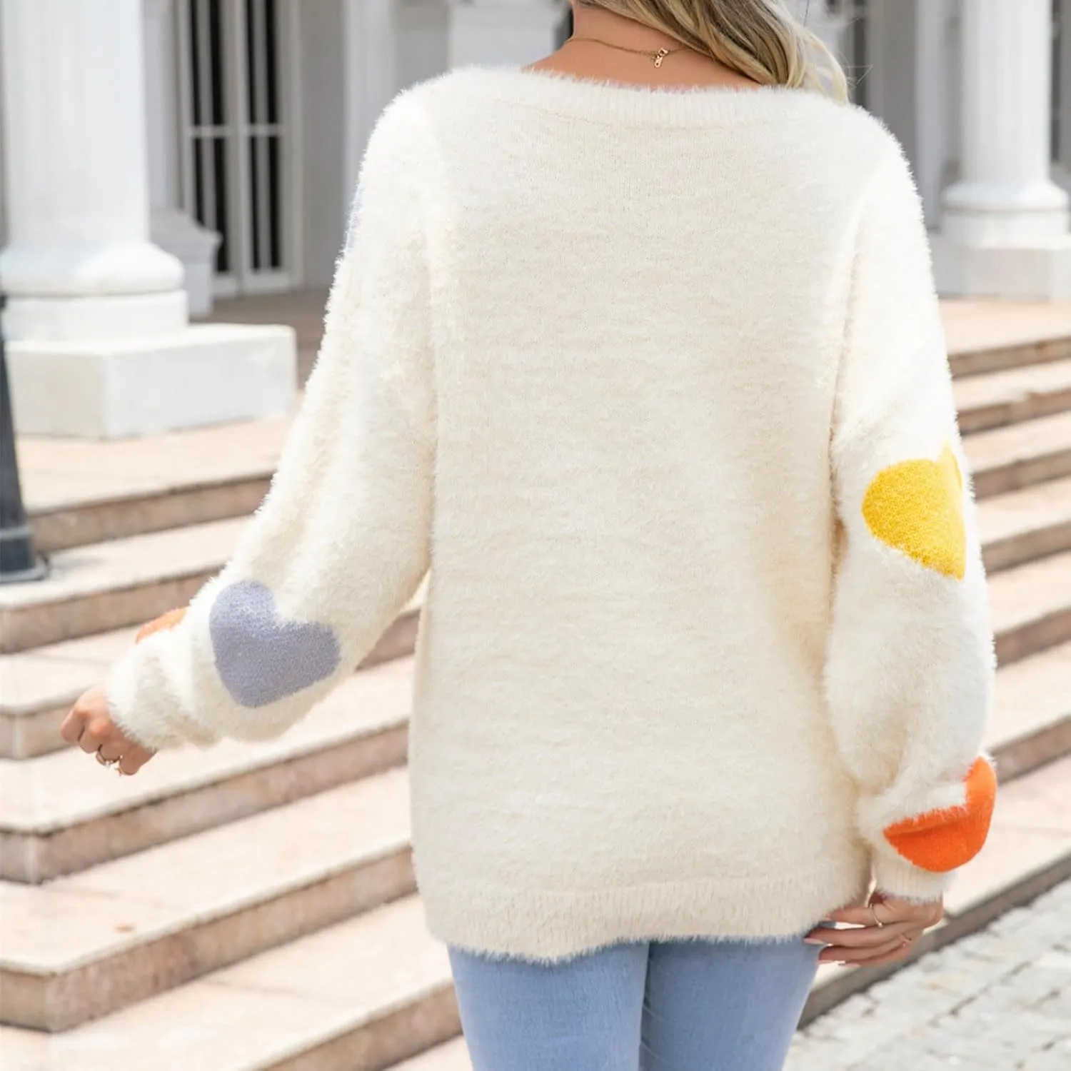 Women Crewneck Long Sleeve Sweaters Casual Loose Comfy Fuzzy Knit Chunky Warm Pullover Cute Heart Graphic Sweater Top