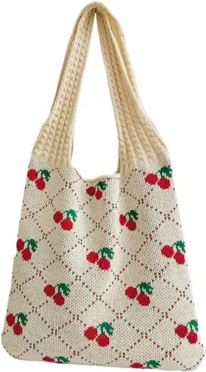 Women Crochet Tote Handbag Cherry Printed Knitting Shoulder Bag Contrast Color Travel Shopping Handbag Ladies Daily