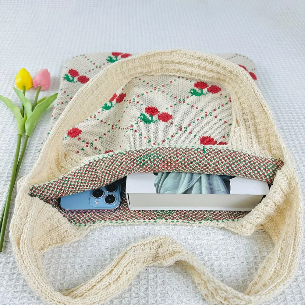 Women Crochet Tote Handbag Cherry Printed Knitting Shoulder Bag Contrast Color Travel Shopping Handbag Ladies Daily