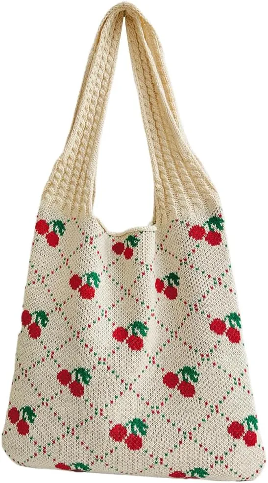 Women Crochet Tote Handbag Cherry Printed Knitting Shoulder Bag Contrast Color Travel Shopping Handbag Ladies Daily