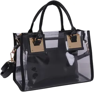 Women Fashion 2Pcs Clear Tote Handbag Transparent PVC Summer Jelly Bag Cute Shoulder Crossbody Bag