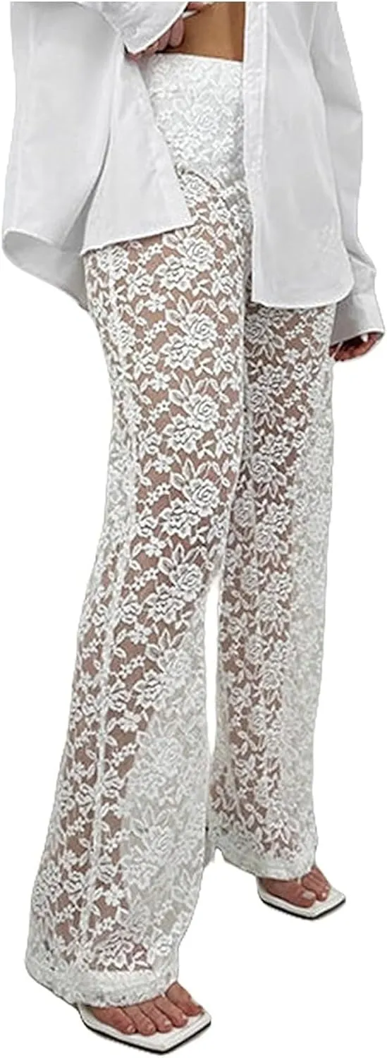 Women Floral Lace Sheer Mesh Pants See Through Straight Leg Pants Hollow Out Trousers Cover Up Pants Y2k Streetwear