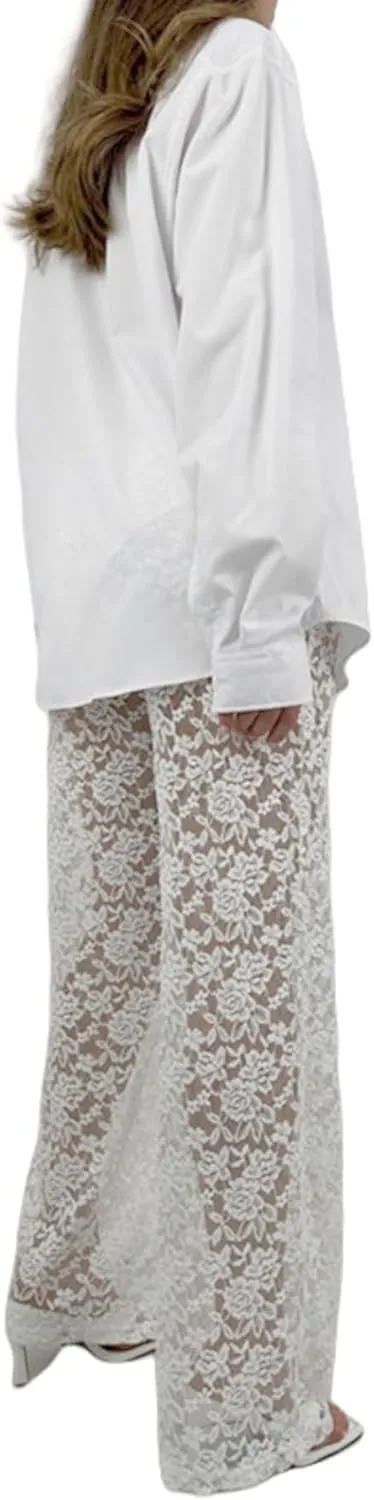 Women Floral Lace Sheer Mesh Pants See Through Straight Leg Pants Hollow Out Trousers Cover Up Pants Y2k Streetwear