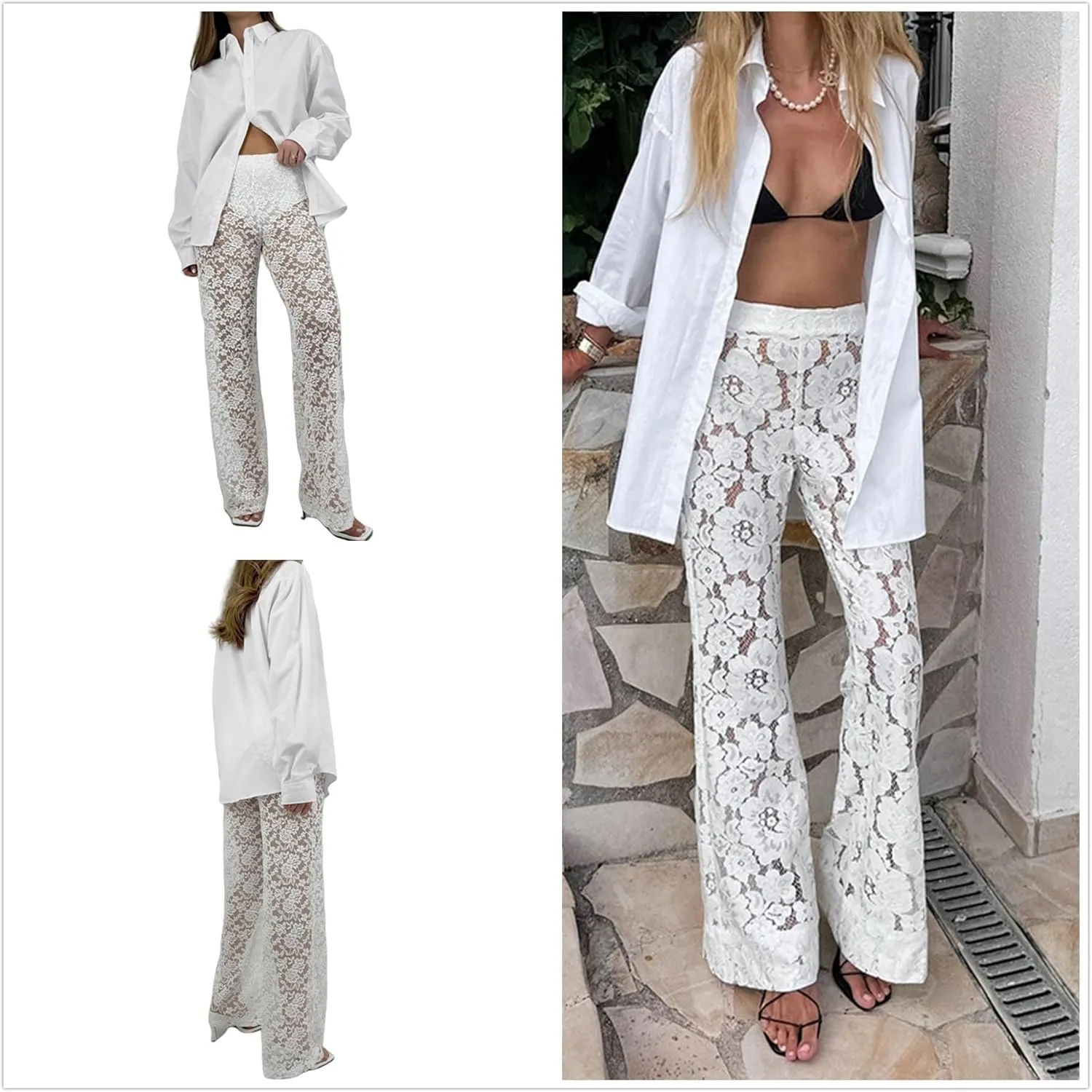 Women Floral Lace Sheer Mesh Pants See Through Straight Leg Pants Hollow Out Trousers Cover Up Pants Y2k Streetwear