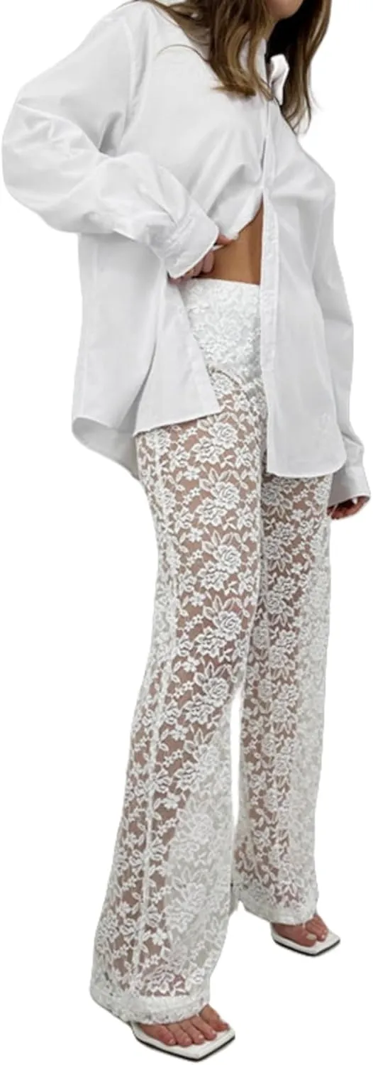 Women Floral Lace Sheer Mesh Pants See Through Straight Leg Pants Hollow Out Trousers Cover Up Pants Y2k Streetwear