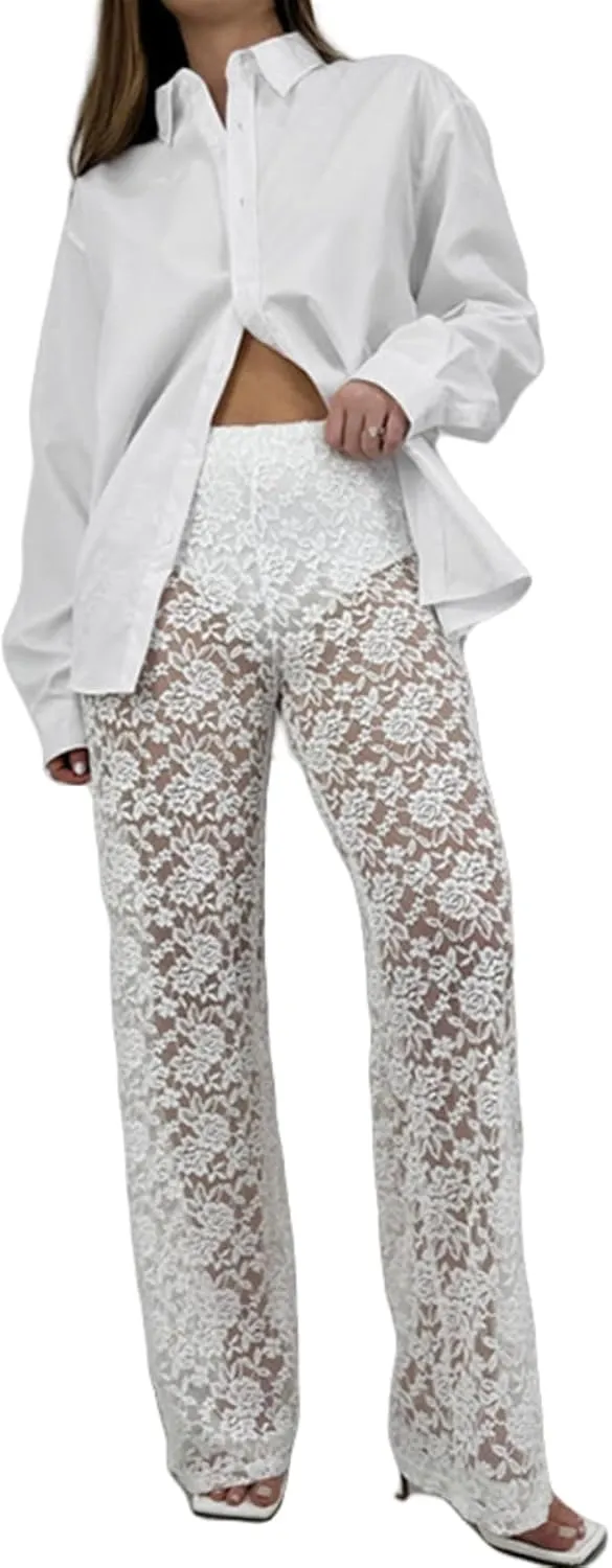 Women Floral Lace Sheer Mesh Pants See Through Straight Leg Pants Hollow Out Trousers Cover Up Pants Y2k Streetwear