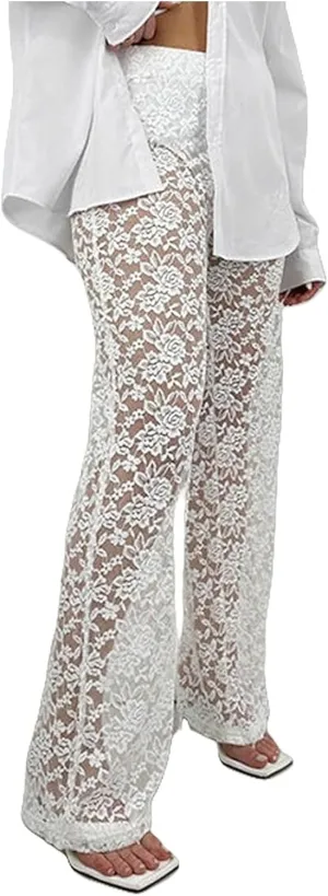 Women Floral Lace Sheer Mesh Pants See Through Straight Leg Pants Hollow Out Trousers Cover Up Pants Y2k Streetwear