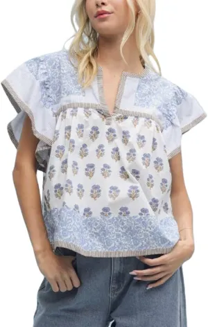 Women Floral Patchwork Short Sleeve Shirt Boho Flutter Sleeve V Neck Peplum Blouse Tops Summer Y2k Babydoll Tank Top